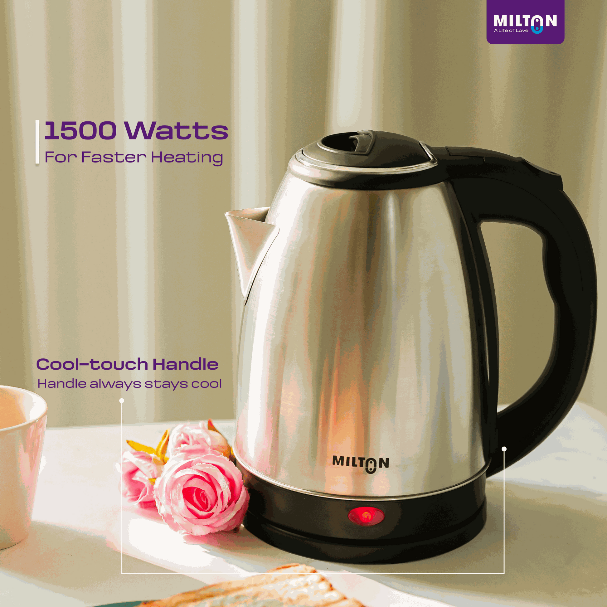 Elegant water Rapid Electric Kettle by Milton with cool-touch handle and brushed steel finish, ideal for home or office.