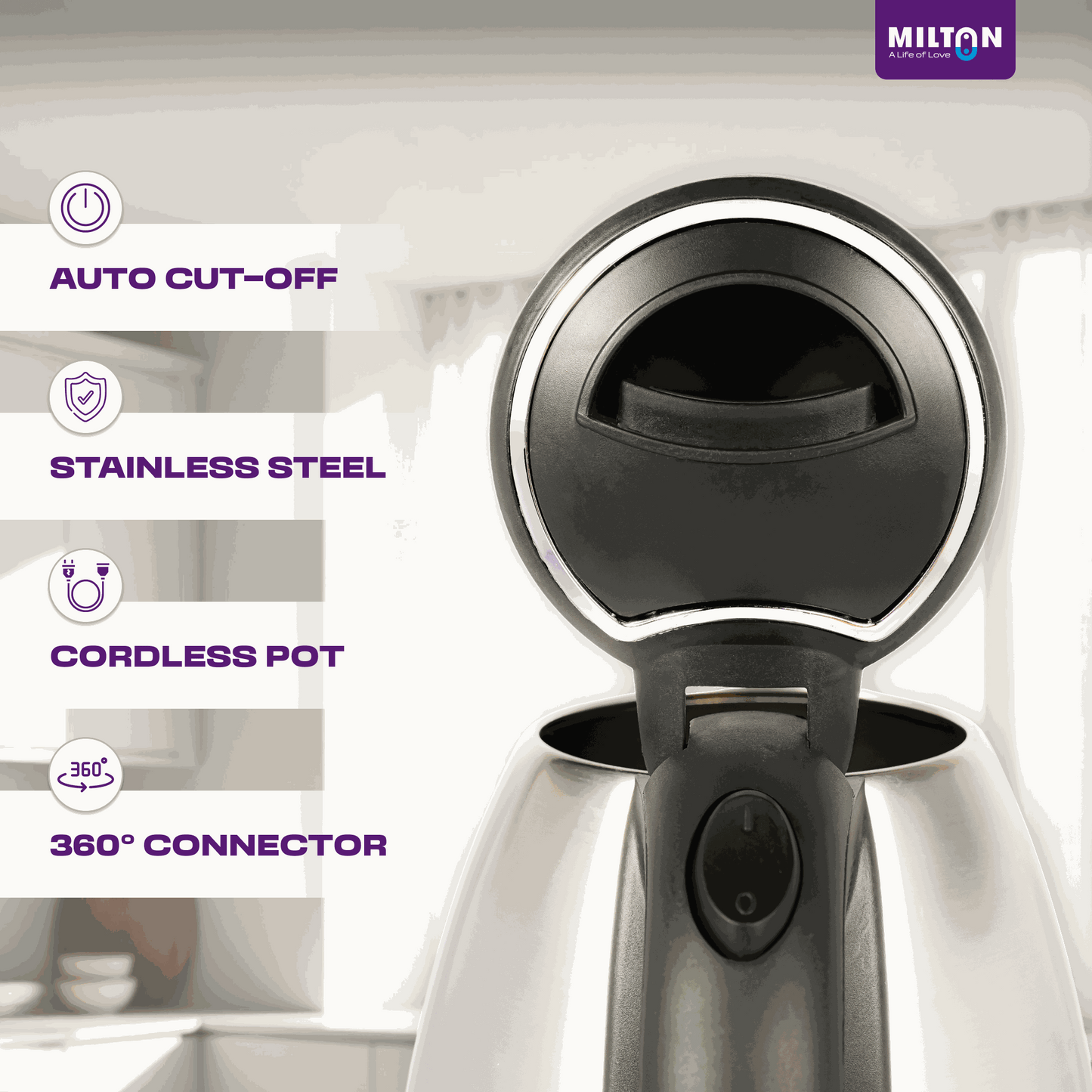 Hot water Rapid Electric Kettle by Milton featuring wide mouth, LED indicator, and single-touch lid for safe, convenient boiling.