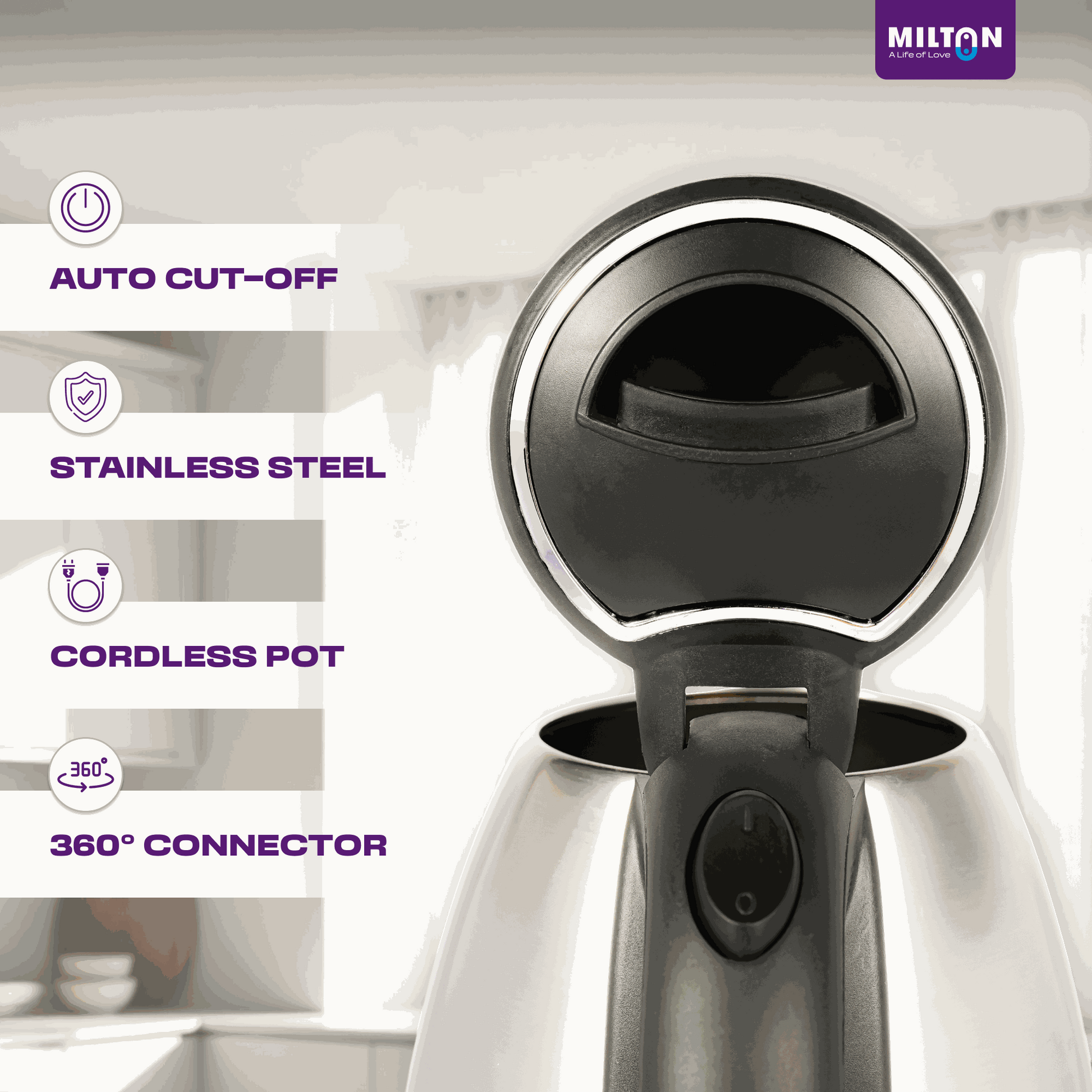 Hot water Rapid Electric Kettle by Milton featuring wide mouth, LED indicator, and single-touch lid for safe, convenient boiling.