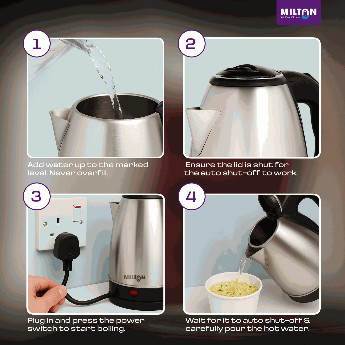 Milton Rapid Electric Kettle used for boiling water, tea, coffee, noodles, and soup — a multi-use electric kettle for daily convenience.
