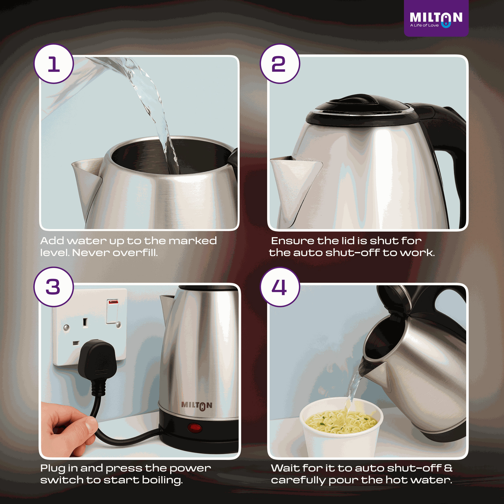 Milton Rapid Electric Kettle used for boiling water, tea, coffee, noodles, and soup — a multi-use electric kettle for daily convenience.