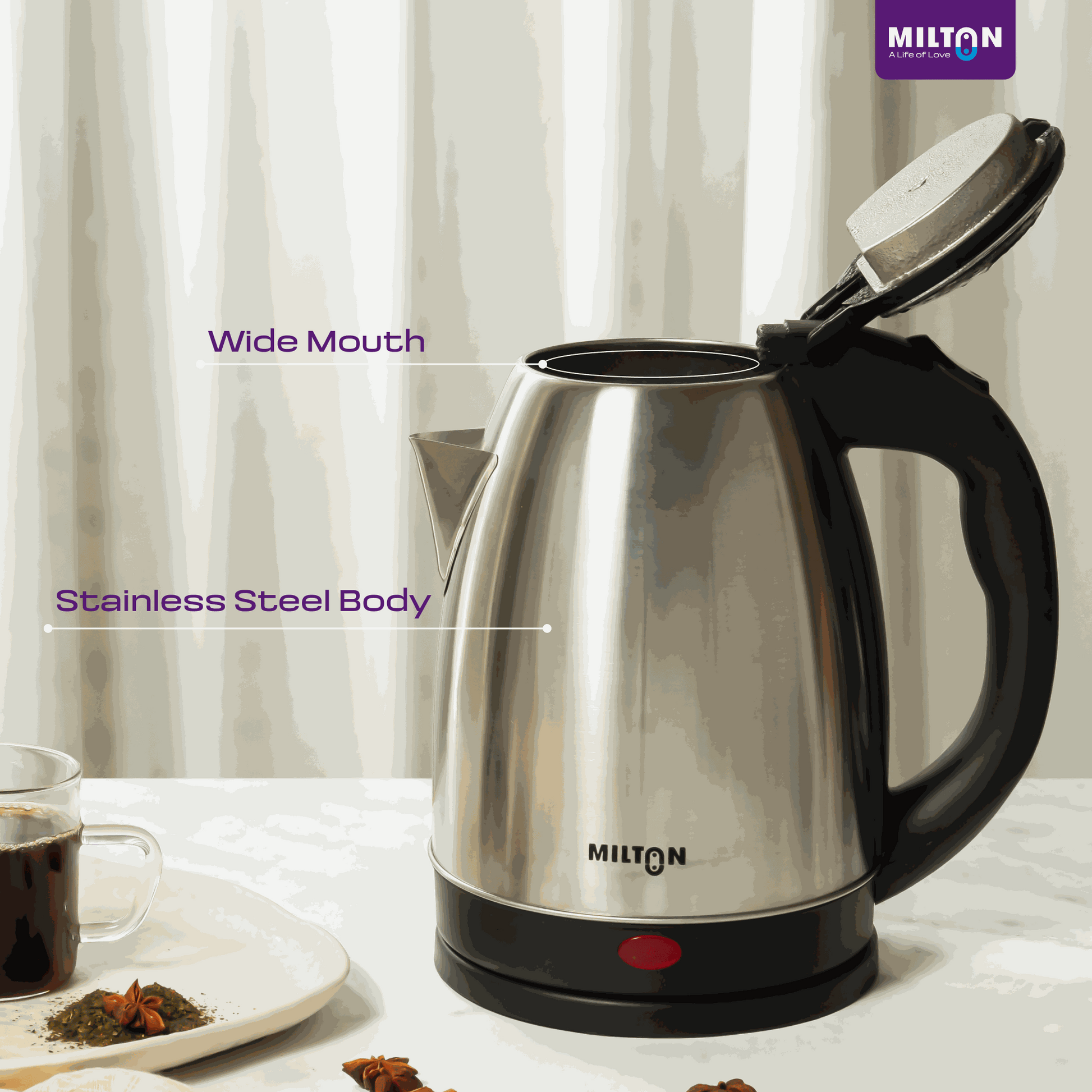 Side view of the Milton Rapid Electric Kettle showcasing its modern design and sturdy build — a reliable hot water electric kettle.