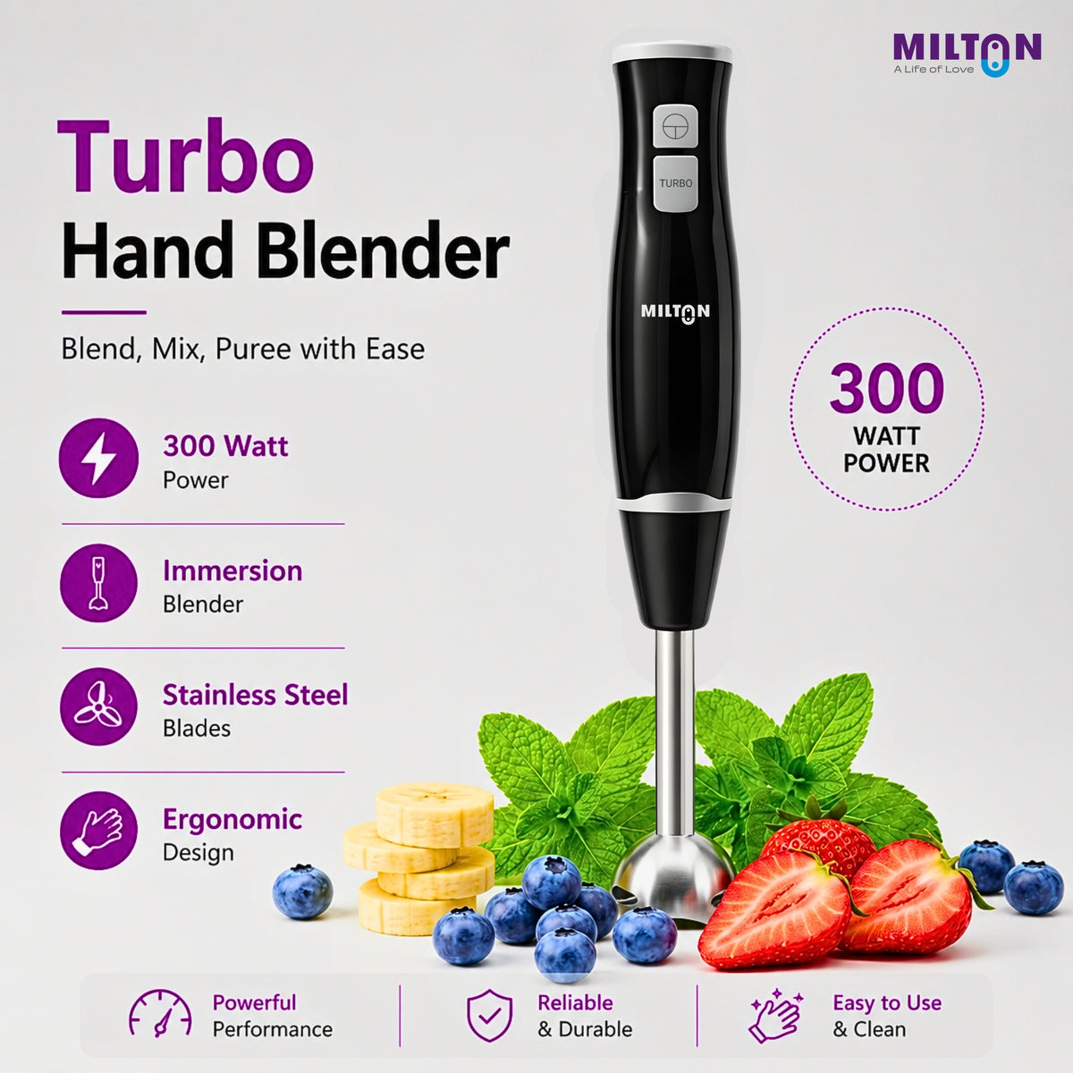 Milton Turbo 350W Hand Blender | 2-Speed Electric Mixer with Stainless Steel Blades | Portable, Lightweight & Easy-Clean for Smoothies, Juices