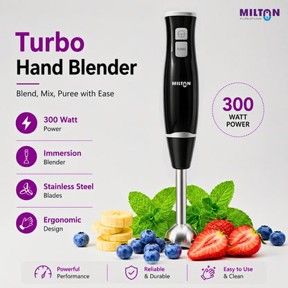Milton Turbo 350W Hand Blender | 2-Speed Electric Mixer with Stainless Steel Blades | Portable, Lightweight & Easy-Clean for Smoothies, Juices