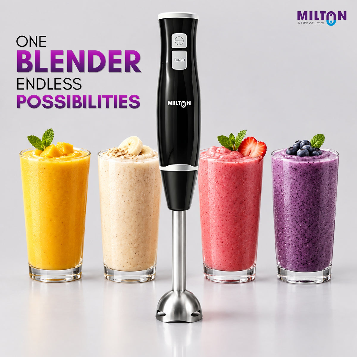 Milton Turbo 350W Hand Blender | 2-Speed Electric Mixer with Stainless Steel Blades | Portable, Lightweight & Easy-Clean for Smoothies, Juices