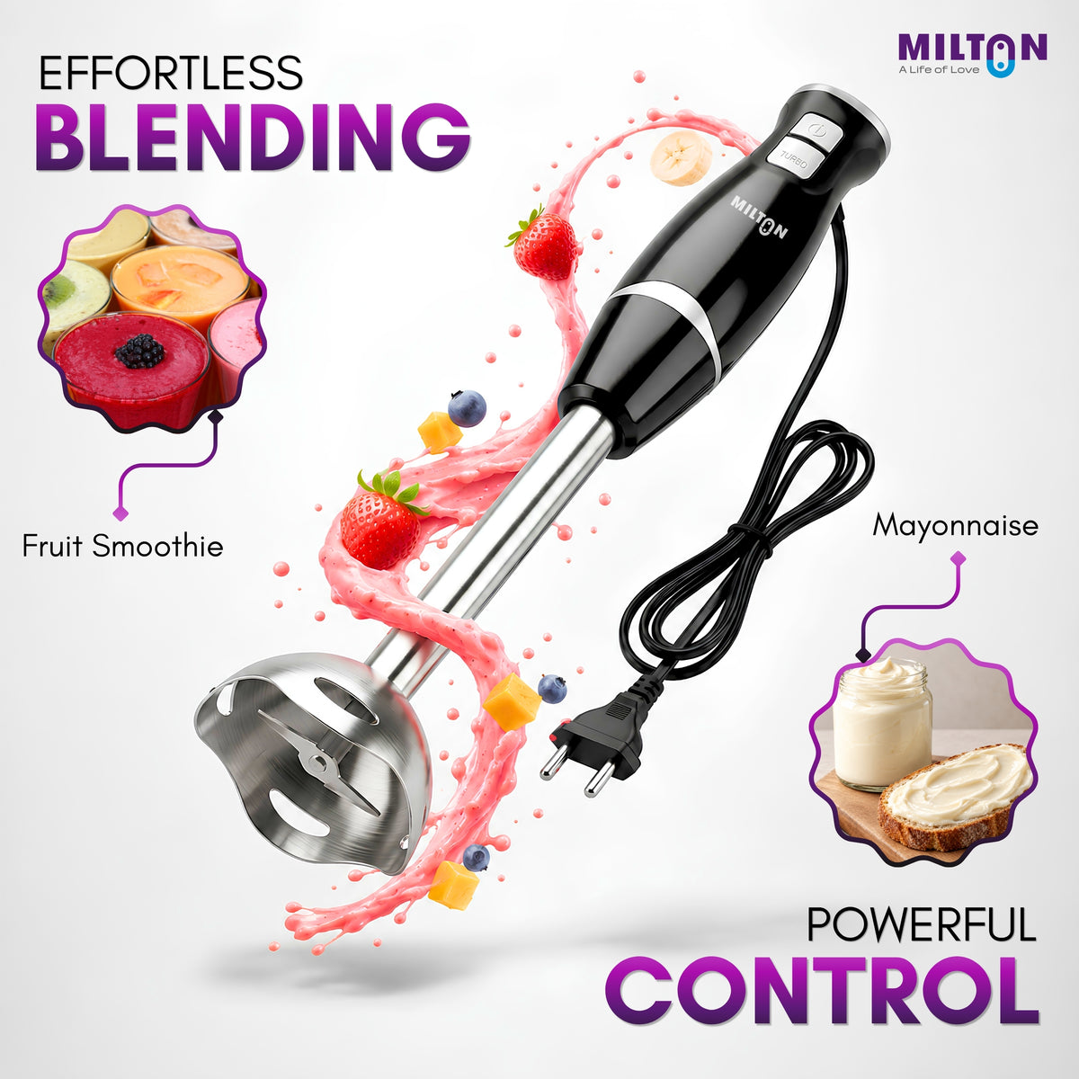 Milton Turbo 350W Hand Blender | 2-Speed Electric Mixer with Stainless Steel Blades | Portable, Lightweight & Easy-Clean for Smoothies, Juices