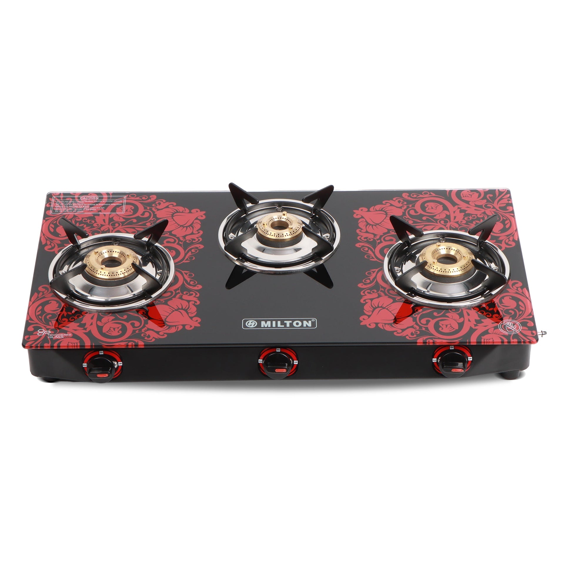MILTON Premium 3 Burner Gas Stove Manual Ignition Glass Top In 3 Color