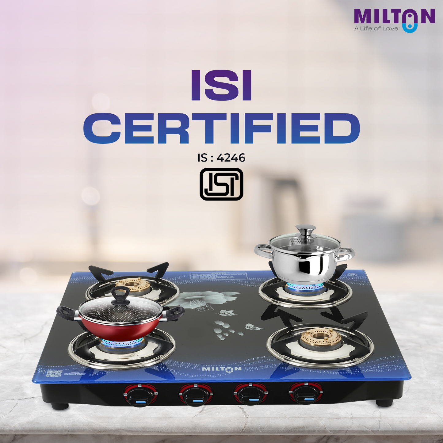 Milton 4 Burner Manual Ignition Gas Stove with 6mm Toughened Glass Top, Premium Brass Burners, Heavy Pan Supports & LPG to PNG Compatibility RED, BLUE, BLACK 2Yr Warranty