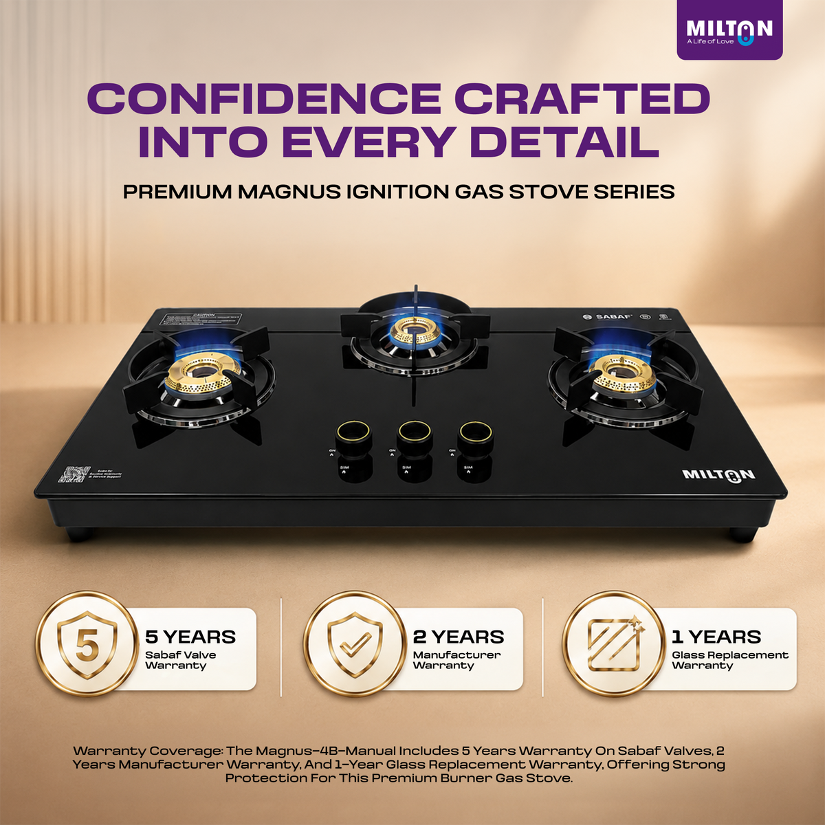 Milton Magnus 3 Burner Auto Gas Stove Hobtop Italian SABAF Valves | 8mm Toughened Glass Top | 360° Nozzle | ISI Certified | 5 Years Glass Warranty