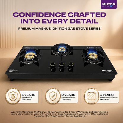 Milton Magnus 3 Burner Auto Gas Stove Hobtop Italian SABAF Valves | 8mm Toughened Glass Top | 360° Nozzle | ISI Certified | 5 Years Glass Warranty