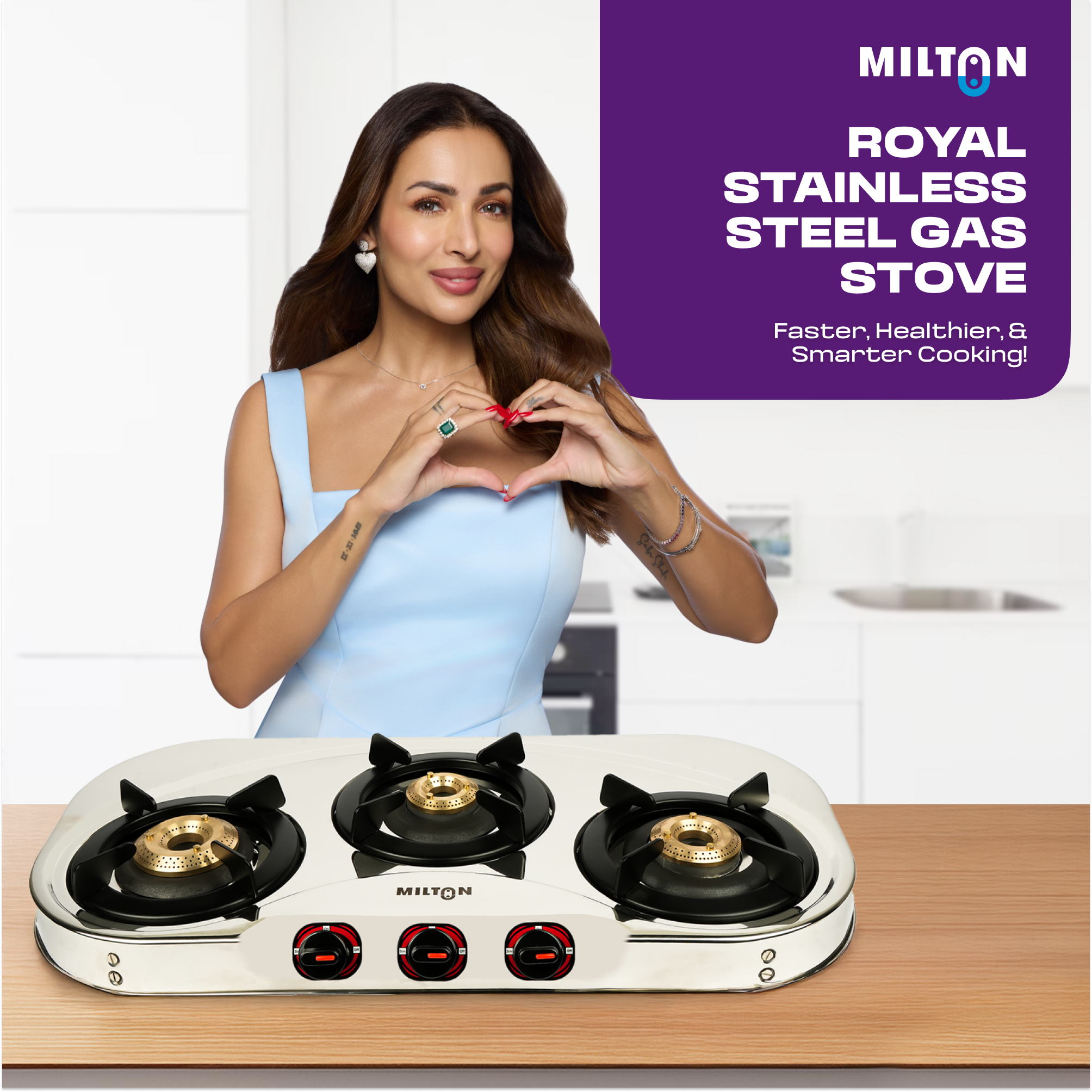 MILTON Royal Gas Stove 3 Burners Steel LPG Gas Stove 3 Burners ISI Certified Manual Ignition 3 Burner Gas Stove 360 Degree Nozzle High Powered Brass Burners 2 Yr Warranty