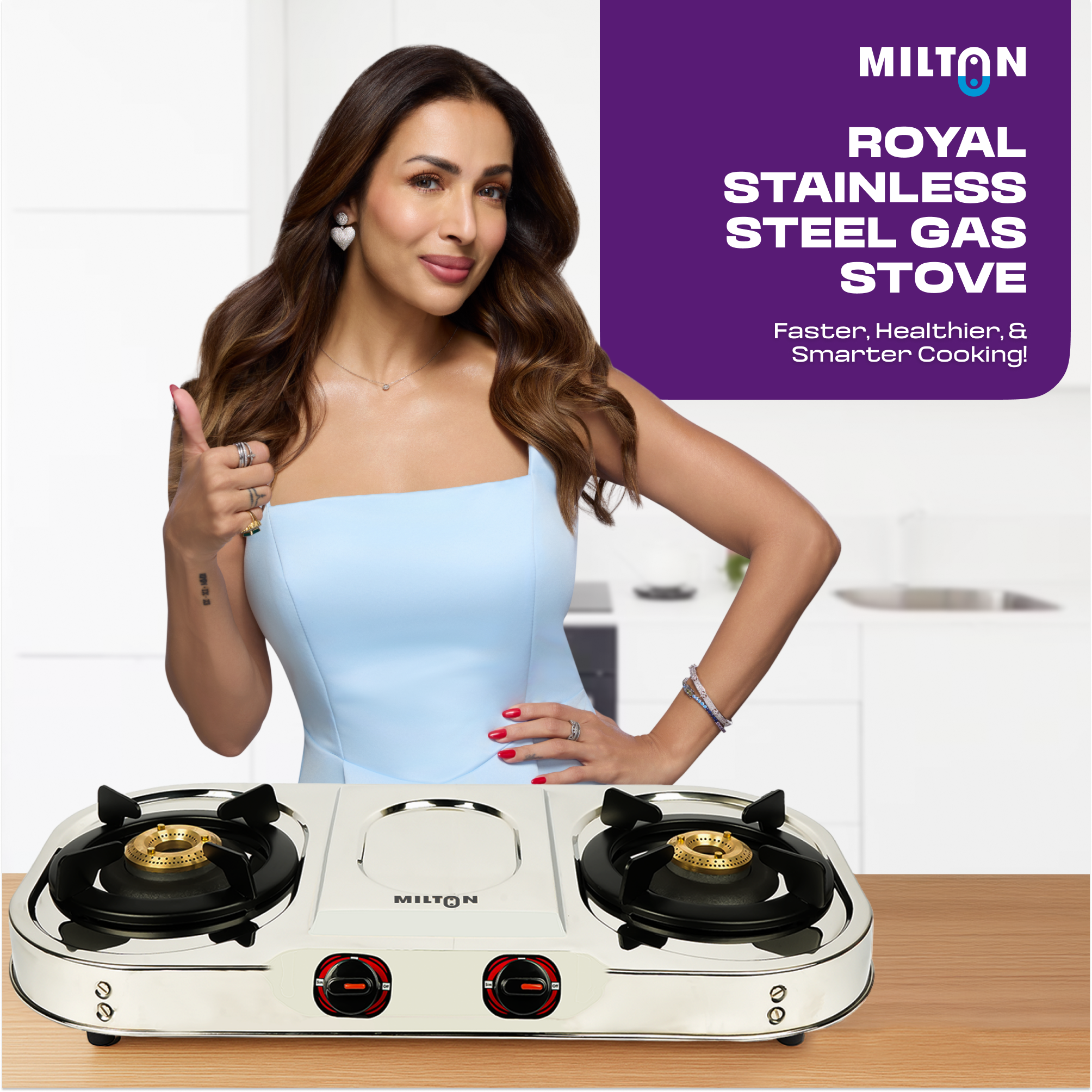 MILTON Royal Gas Stove 2 Burners Steel Stainless Steel LPG Gas Stove ISI Certified Manual Ignition 360 Degree Nozzle High Powered Brass Burners 2 Yr Warranty