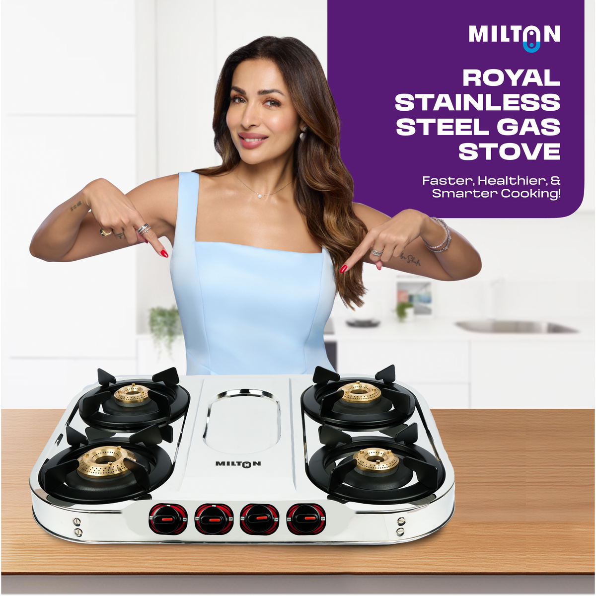 MILTON Royal Gas Stove 4 Burners Steel Body | LPG Gas Stove | ISI Certified Manual Ignition 4 Burner Gas Stove | 360 Degree Nozzle | High Powered Brass Burners | 2 Yr Warranty