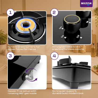 Milton Magnus 4 Burner Gas Stove Hobtop | Auto Ignition Italian SABAF Valves | 8mm Toughened Glass Top | 360° Nozzle | ISI Certified | 5 Years Glass Warranty