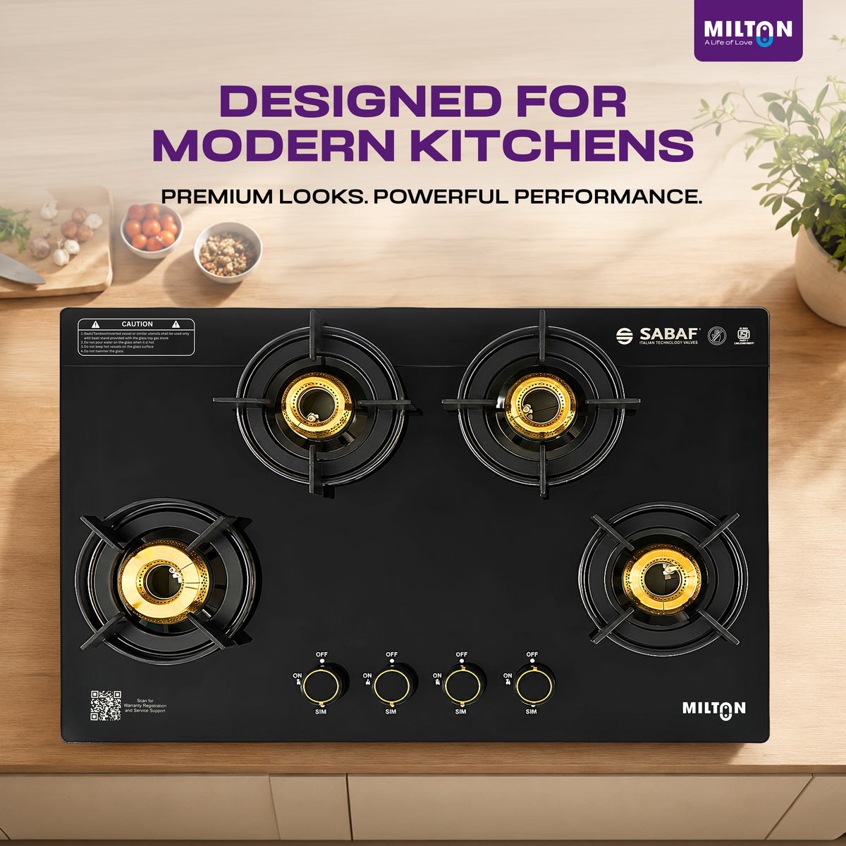 Milton Magnus 4 Burner Gas Stove Hobtop | Auto Ignition Italian SABAF Valves | 8mm Toughened Glass Top | 360° Nozzle | ISI Certified | 5 Years Glass Warranty
