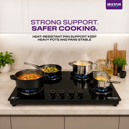 Milton Magnus 4 Burner Gas Stove Hobtop | Auto Ignition Italian SABAF Valves | 8mm Toughened Glass Top | 360° Nozzle | ISI Certified | 5 Years Glass Warranty