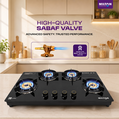 Milton Magnus 4 Burner Gas Stove Hobtop | Auto Ignition Italian SABAF Valves | 8mm Toughened Glass Top | 360° Nozzle | ISI Certified | 5 Years Glass Warranty