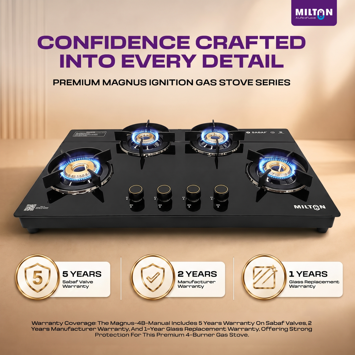 Milton Magnus 4 Burner Gas Stove Hobtop | Auto Ignition Italian SABAF Valves | 8mm Toughened Glass Top | 360° Nozzle | ISI Certified | 5 Years Glass Warranty