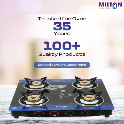 Milton 4 Burner Manual Ignition Gas Stove with 6mm Toughened Glass Top, Premium Brass Burners, Heavy Pan Supports & LPG to PNG Compatibility RED, BLUE, BLACK 2Yr Warranty
