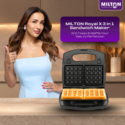 MILTON 850W Royal X 3 in 1 Electric Detachable Sandwich Maker, Bread Toaster, Panini Press Grill, Waffle Set with Removable Non-Stick Plates, Power Indicators | 2 Year Warranty, Black