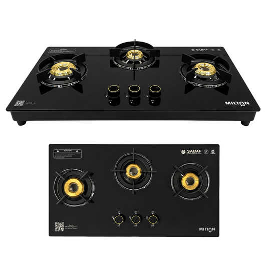 Milton Magnus 3 Burner Auto Gas Stove Hobtop Italian SABAF Valves | 8mm Toughened Glass Top | 360° Nozzle | ISI Certified | 5 Years Glass Warranty