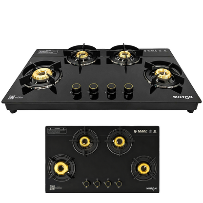 Milton Magnus 4 Burner Gas Stove Hobtop | Auto Ignition Italian SABAF Valves | 8mm Toughened Glass Top | 360° Nozzle | ISI Certified | 5 Years Glass Warranty