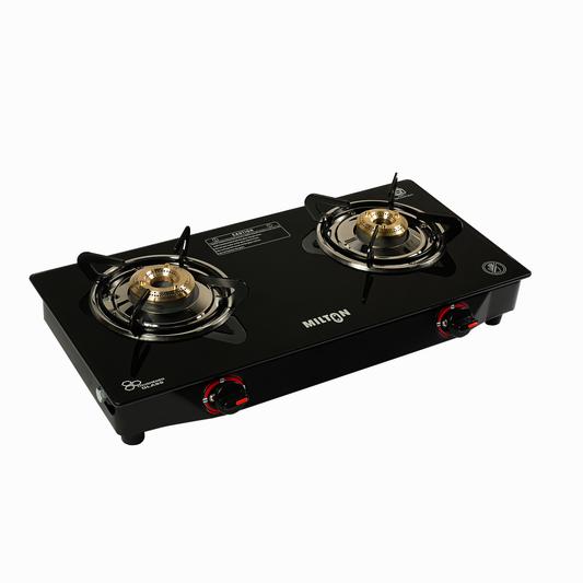 Milton Compact Nano 2 Burner Black Glass Top Gas Stove with Stainless Steel Frame