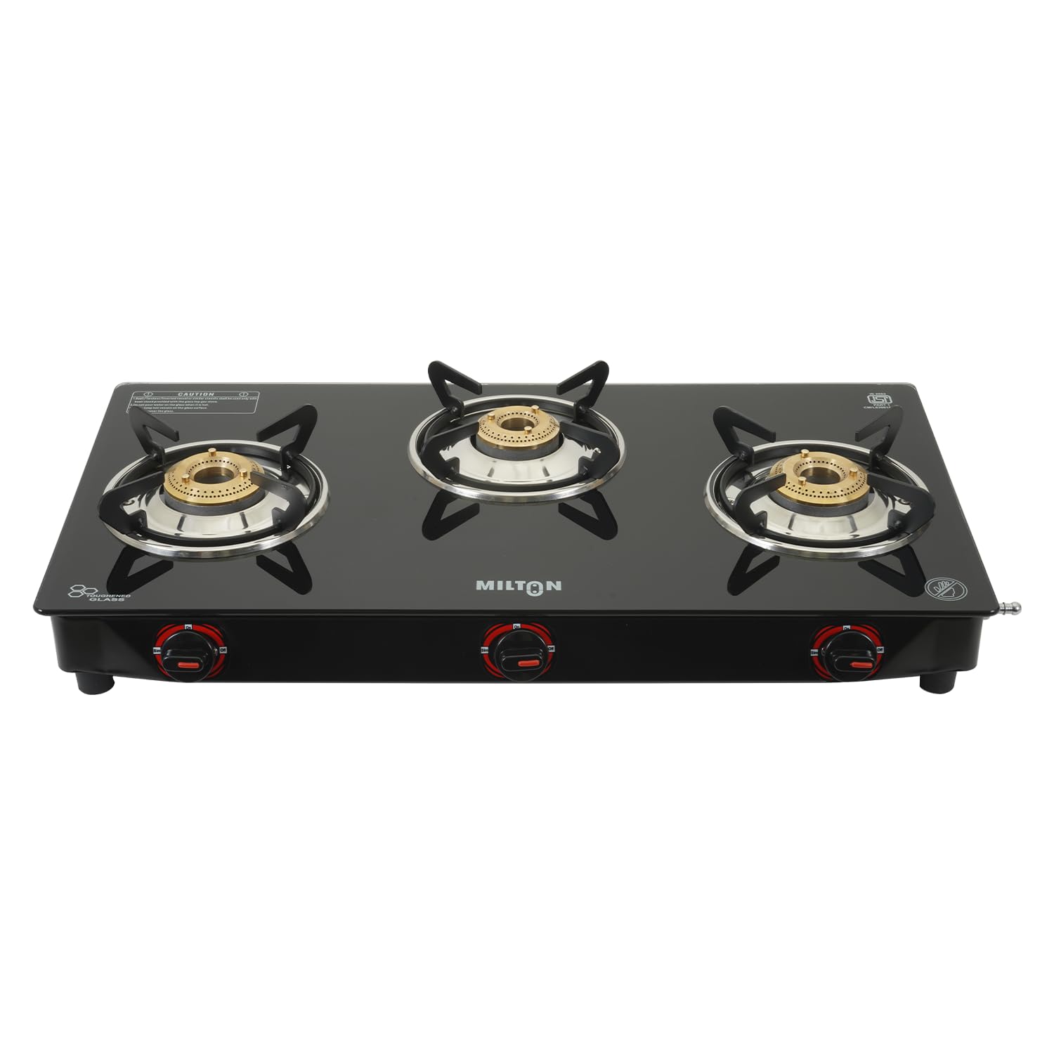 Milton 3 Burner Manual Ignition Gas Stove with 6mm Toughened Red Glass Top, Premium Brass Burners, Heavy Pan Supports & LPG to PNG Compatibility 2Yr Warranty