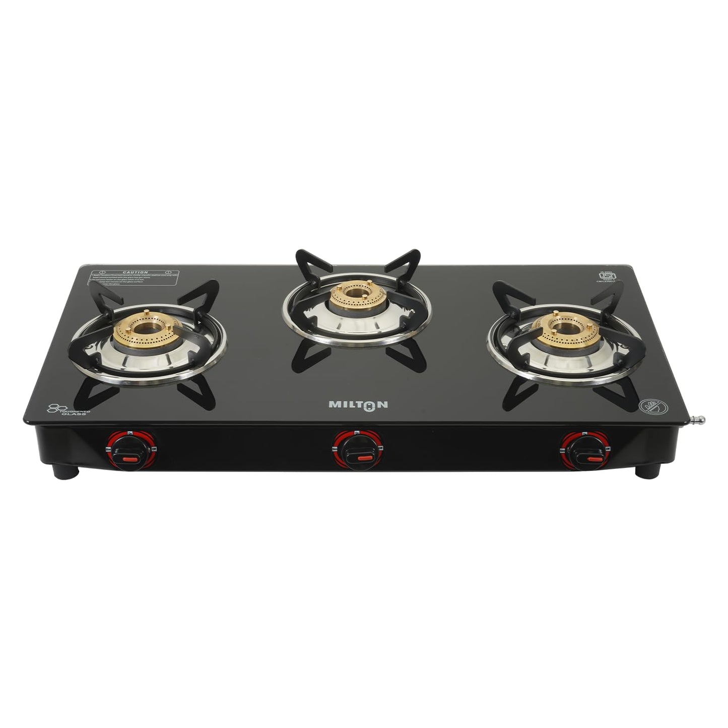 Milton 3 Burner Manual Ignition Gas Stove with 6mm Toughened Red Glass Top, Premium Brass Burners, Heavy Pan Supports & LPG to PNG Compatibility 2Yr Warranty