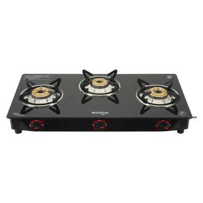 Milton 3 Burner Manual Ignition Gas Stove with 6mm Toughened Red Glass Top, Premium Brass Burners, Heavy Pan Supports & LPG to PNG Compatibility 2Yr Warranty