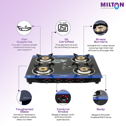 Milton 4 Burner Manual Ignition Gas Stove with 6mm Toughened Glass Top, Premium Brass Burners, Heavy Pan Supports & LPG to PNG Compatibility RED, BLUE, BLACK 2Yr Warranty