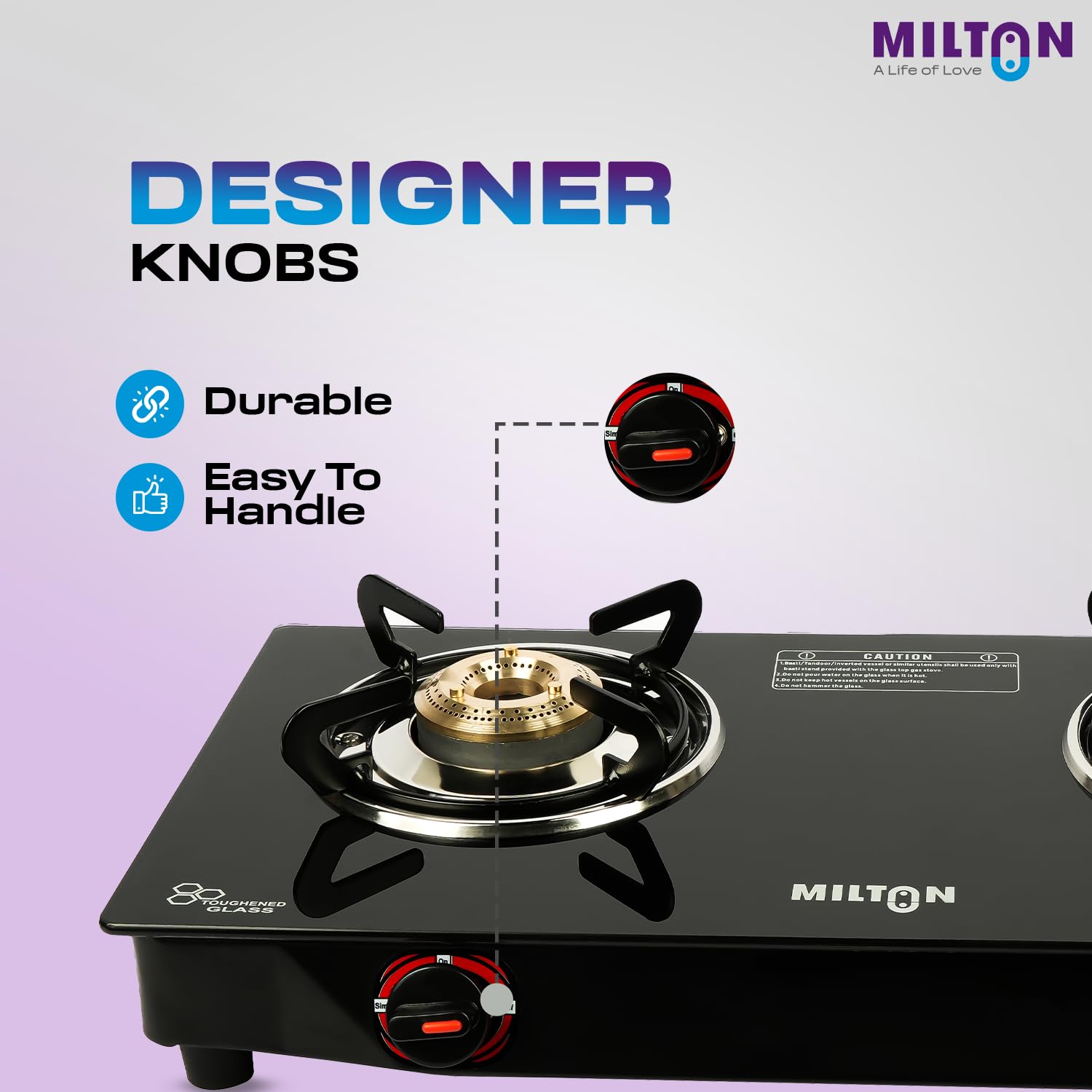 MILTON Premium 2 Burner Black Manual Ignition Toughened Glass Top Gas Stove, Heavy-Duty Brass Burners (ISI Certified) 2 Yr Warranty