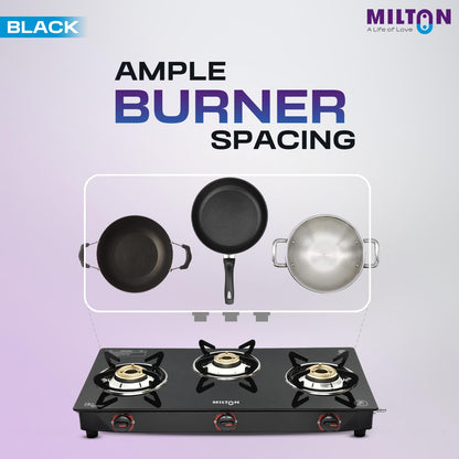 Milton 3 Burner Manual Ignition Gas Stove with 6mm Toughened Red Glass Top, Premium Brass Burners, Heavy Pan Supports & LPG to PNG Compatibility 2Yr Warranty