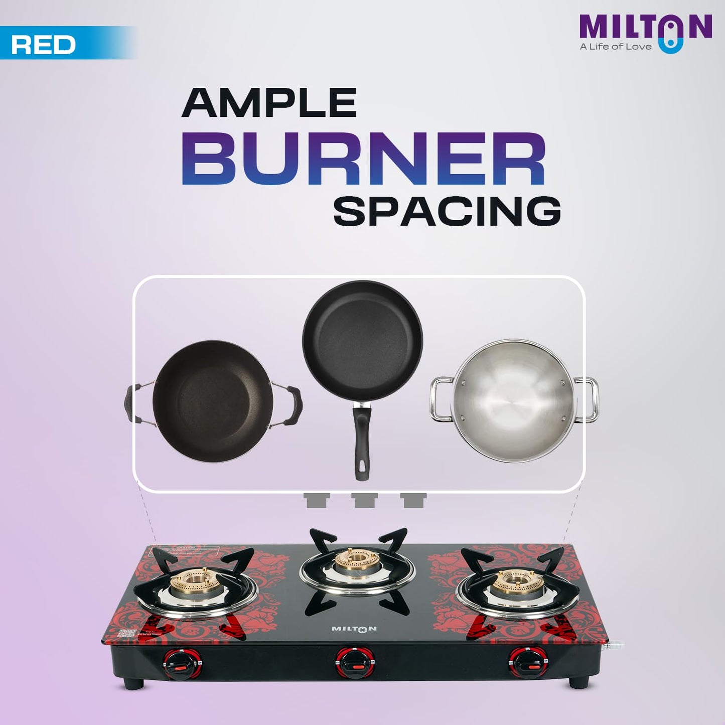 Milton 3 Burner Manual Ignition Gas Stove with 6mm Toughened Red Glass Top, Premium Brass Burners, Heavy Pan Supports & LPG to PNG Compatibility 2Yr Warranty