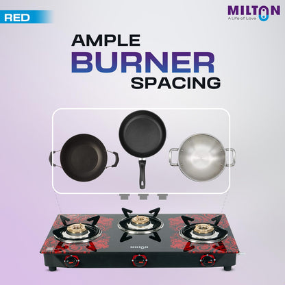 Milton 3 Burner Manual Ignition Gas Stove with 6mm Toughened Red Glass Top, Premium Brass Burners, Heavy Pan Supports & LPG to PNG Compatibility 2Yr Warranty