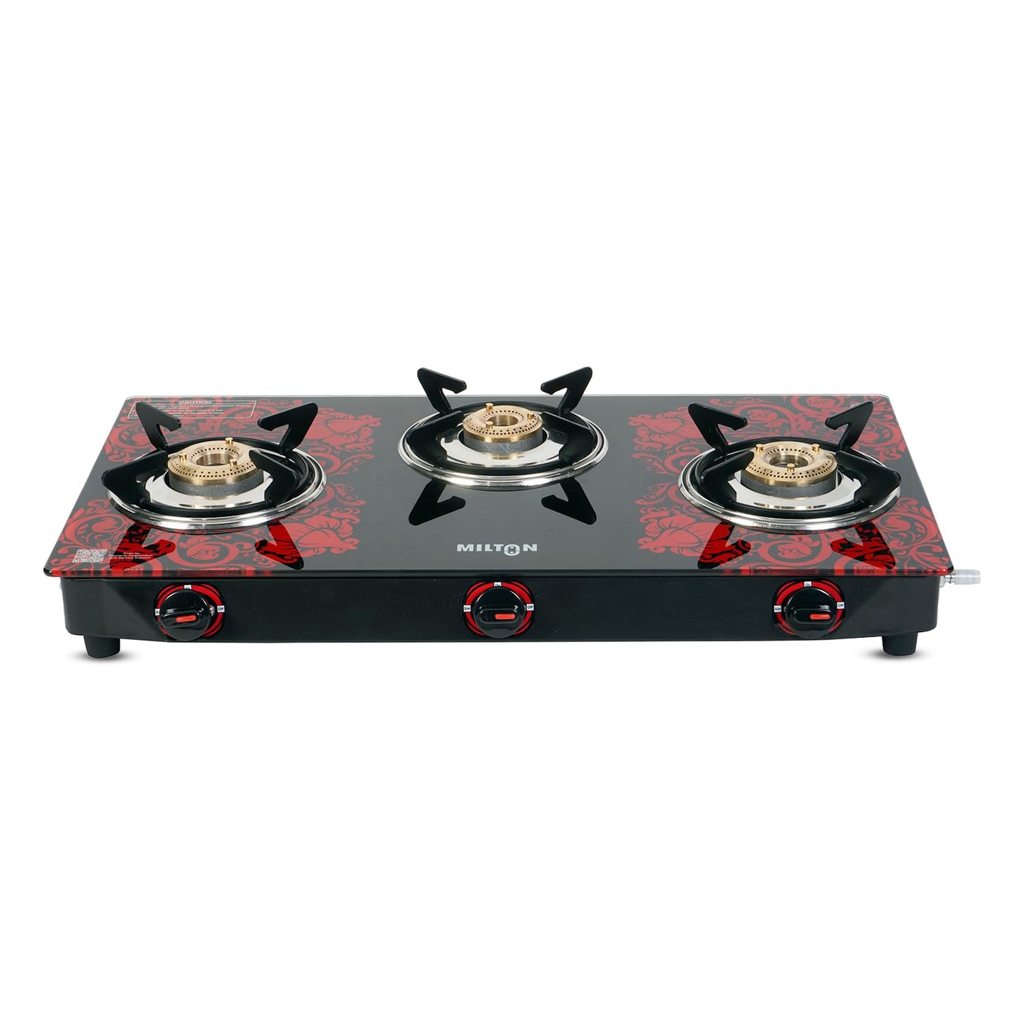 Milton 3 Burner Manual Ignition Gas Stove with 6mm Toughened Red Glass Top, Premium Brass Burners, Heavy Pan Supports & LPG to PNG Compatibility 2Yr Warranty