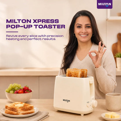 Milton Bread Toaster 2 Slice Auto Pop Up | 7 Level Heating Modes 750 Watts| Auto Shut Off | Removable Crumb Tray | Matt White | 2 Yr Warranty