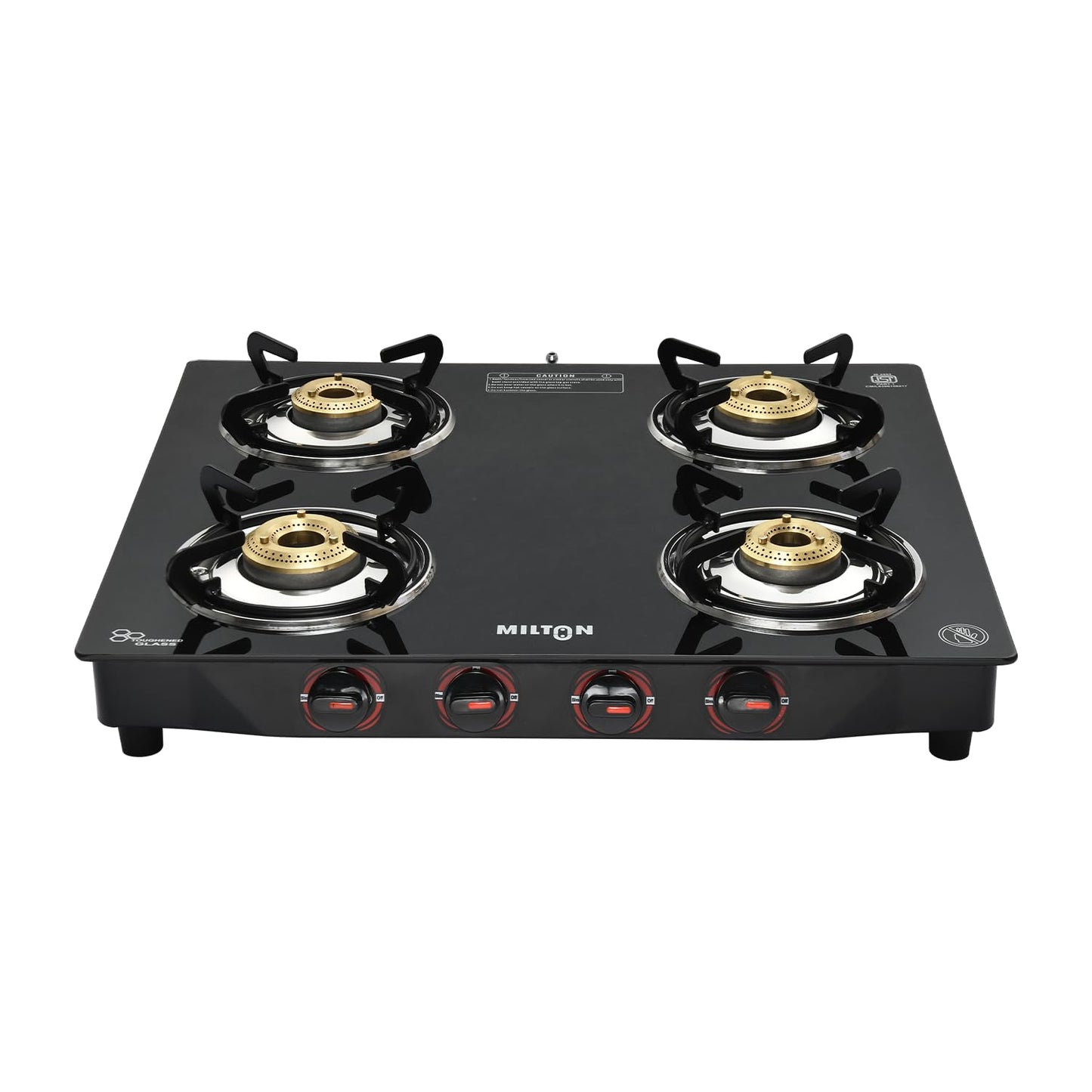 Milton 4 Burner Manual Ignition Gas Stove with 6mm Toughened Glass Top, Premium Brass Burners, Heavy Pan Supports & LPG to PNG Compatibility RED, BLUE, BLACK 2Yr Warranty