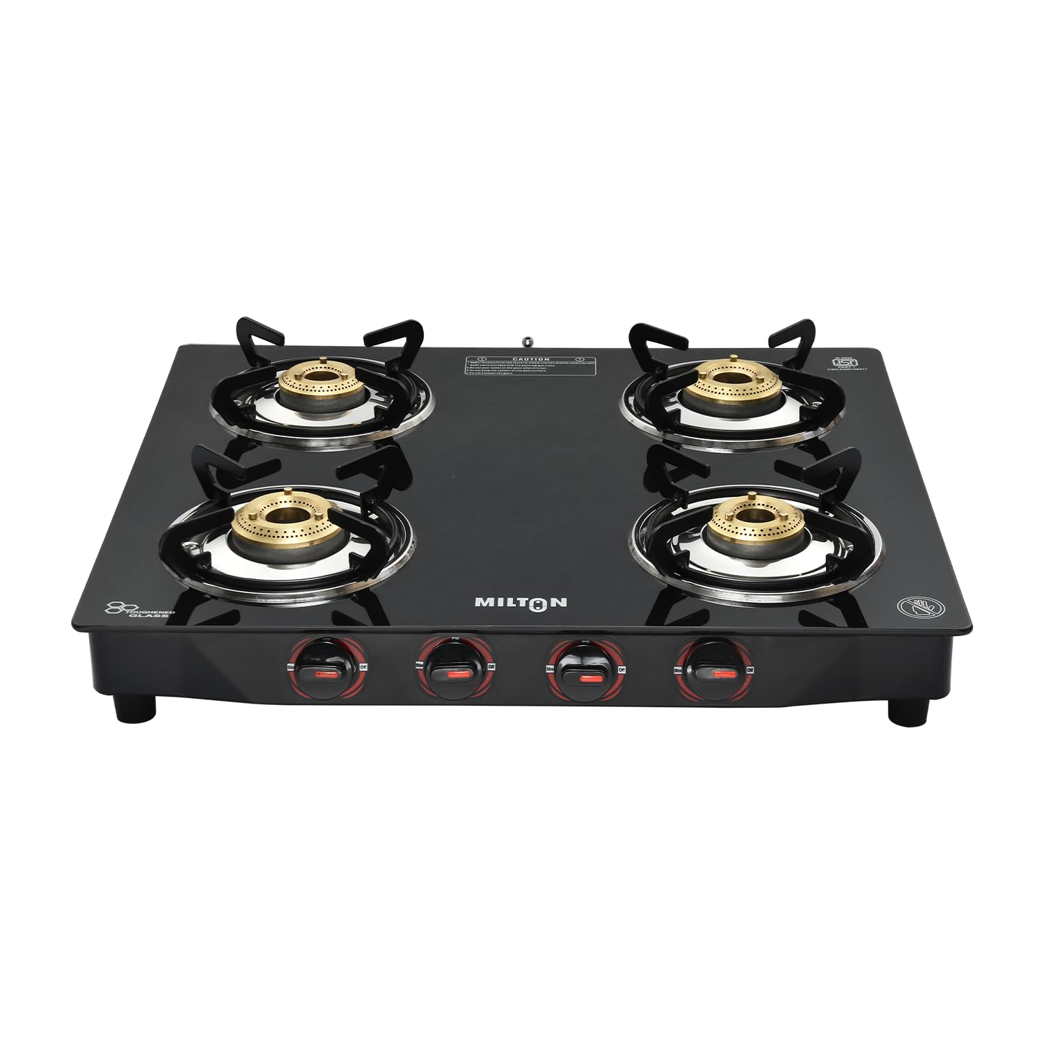 Milton 4 Burner Manual Ignition Gas Stove with 6mm Toughened Glass Top, Premium Brass Burners, Heavy Pan Supports & LPG to PNG Compatibility RED, BLUE, BLACK 2Yr Warranty
