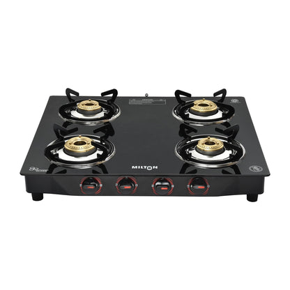 Milton 4 Burner Manual Ignition Gas Stove with 6mm Toughened Glass Top, Premium Brass Burners, Heavy Pan Supports & LPG to PNG Compatibility RED, BLUE, BLACK 2Yr Warranty
