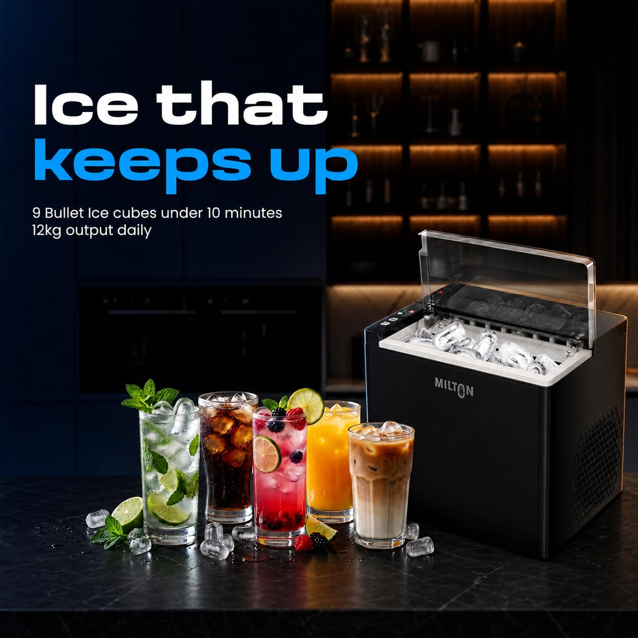 Milton Ice Maker Machine 1.5L 9 Bullet Ice Cubes in 6–8 Mins 12Kg/24Hrs 2 Size ice cubes Portable Countertop Ice Maker 2Yr warranty