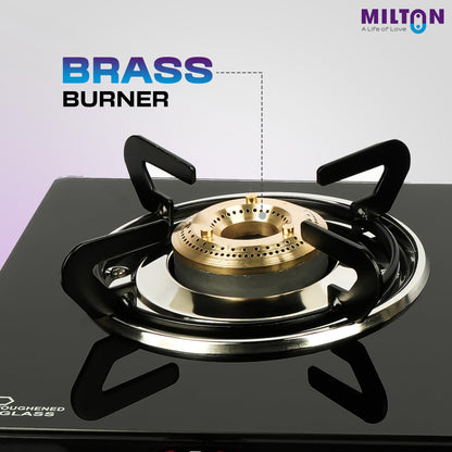 MILTON Premium 2 Burner Black Manual Ignition Toughened Glass Top Gas Stove, Heavy-Duty Brass Burners (ISI Certified) 2 Yr Warranty