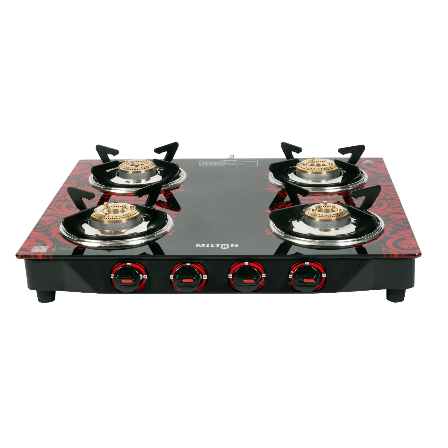 Milton 4 Burner Manual Ignition Gas Stove with 6mm Toughened Glass Top, Premium Brass Burners, Heavy Pan Supports & LPG to PNG Compatibility RED, BLUE, BLACK 2Yr Warranty