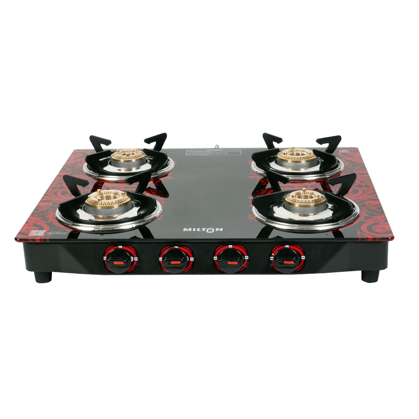 Milton 4 Burner Manual Ignition Gas Stove with 6mm Toughened Glass Top, Premium Brass Burners, Heavy Pan Supports & LPG to PNG Compatibility RED, BLUE, BLACK 2Yr Warranty
