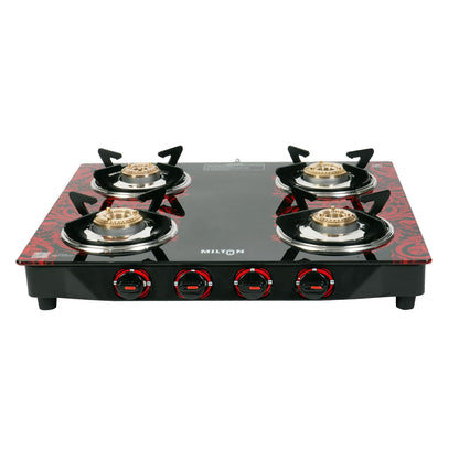 Milton 4 Burner Manual Ignition Gas Stove with 6mm Toughened Glass Top, Premium Brass Burners, Heavy Pan Supports & LPG to PNG Compatibility RED, BLUE, BLACK 2Yr Warranty