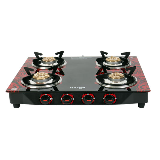 Milton 4 Burner Manual Ignition Gas Stove with 6mm Toughened Glass Top, Premium Brass Burners, Heavy Pan Supports & LPG to PNG Compatibility RED, BLUE, BLACK 2Yr Warranty