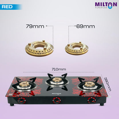 Milton 3 Burner Manual Ignition Gas Stove with 6mm Toughened Red Glass Top, Premium Brass Burners, Heavy Pan Supports & LPG to PNG Compatibility 2Yr Warranty
