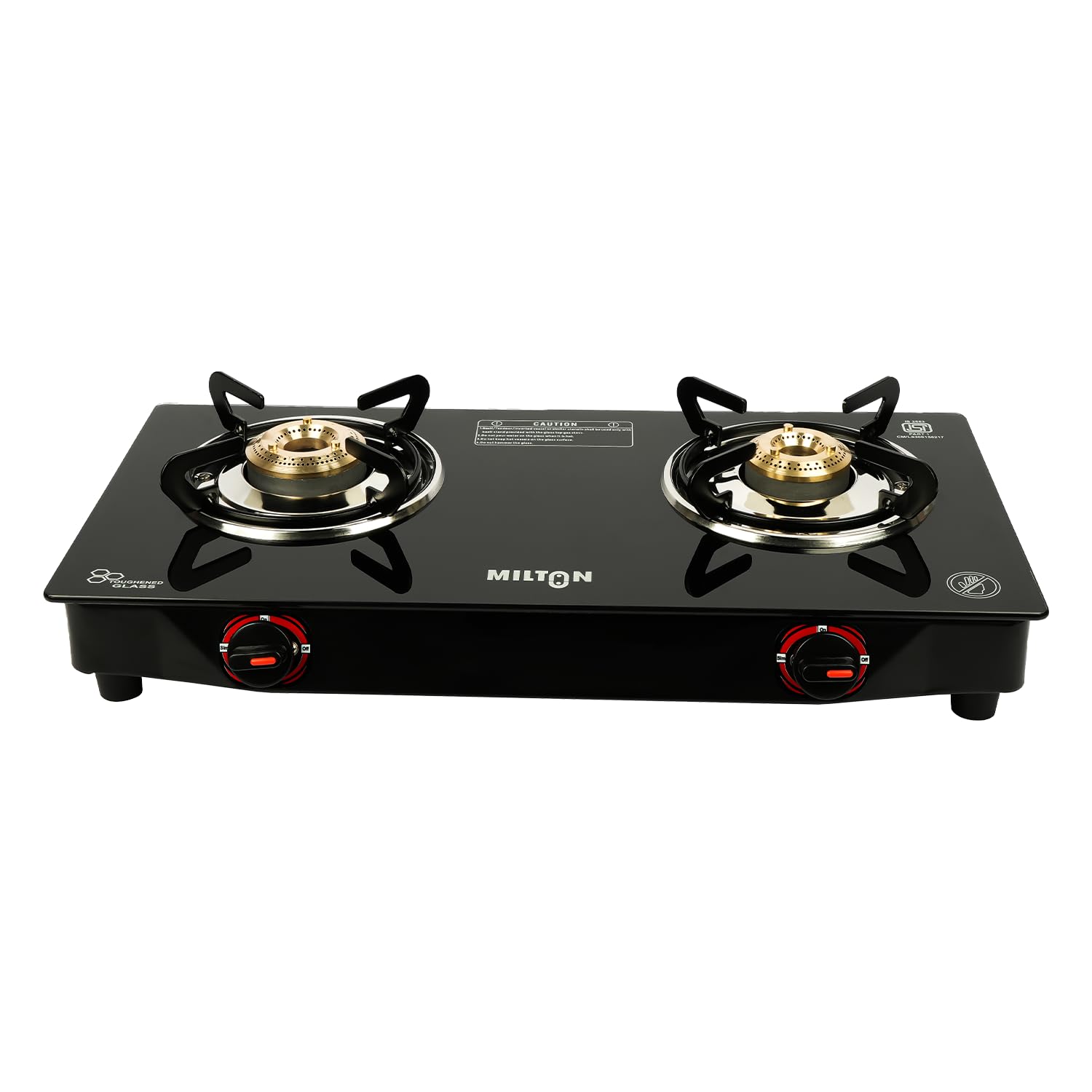MILTON Premium 2 Burner Black Manual Ignition Toughened Glass Top Gas Stove, Heavy-Duty Brass Burners (ISI Certified) 2 Yr Warranty