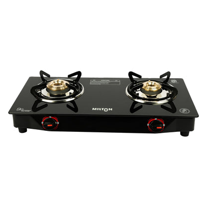MILTON Premium 2 Burner Black Manual Ignition Toughened Glass Top Gas Stove, Heavy-Duty Brass Burners (ISI Certified) 2 Yr Warranty
