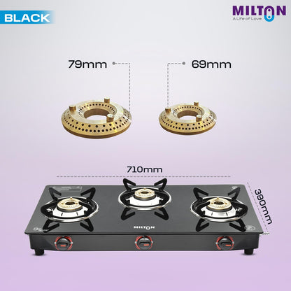 Milton 3 Burner Manual Ignition Gas Stove with 6mm Toughened Red Glass Top, Premium Brass Burners, Heavy Pan Supports & LPG to PNG Compatibility 2Yr Warranty